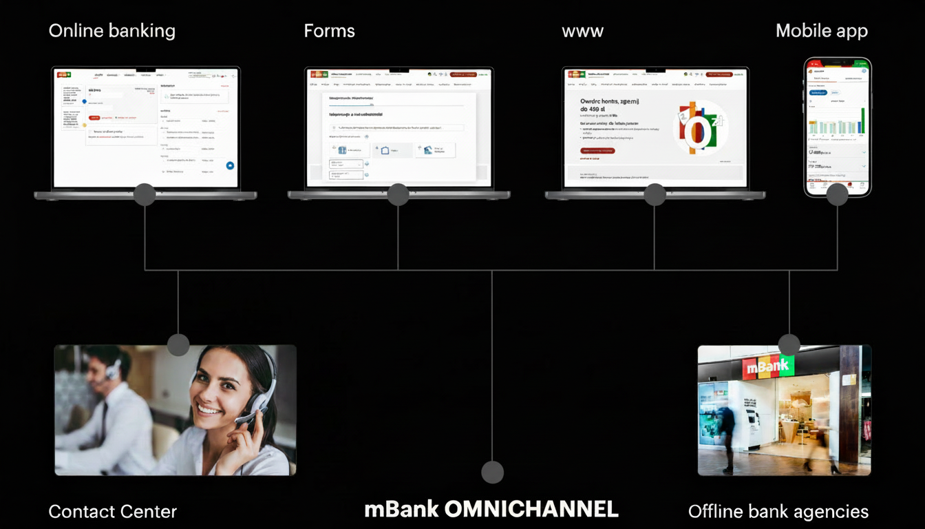 mBank Omnichannel Architecture - Online banking, Forms, Website, Mobile app, Contact Center, and Offline bank agencies