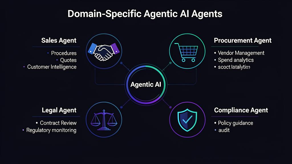 Domenowa AI Agencyjna: Agent Sprzedaży, Agent Zakupowy, Agent Prawny i Agent ds. Zgodności połączeni poprzez centralny hub AI Agencyjnej