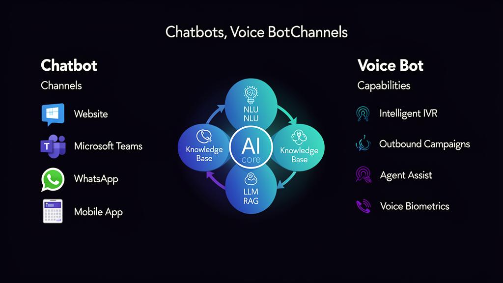 Chatboty i Voice Boty: kanały chatbotów (Strona internetowa, Teams, WhatsApp, Aplikacja mobilna) oraz możliwości Voice Botów (Inteligentne IVR, Kampanie wychodzące, Wsparcie agenta, Biometria głosowa) współdzielące rdzeń AI z NLU, Bazą Wiedzy, LLM i RAG
