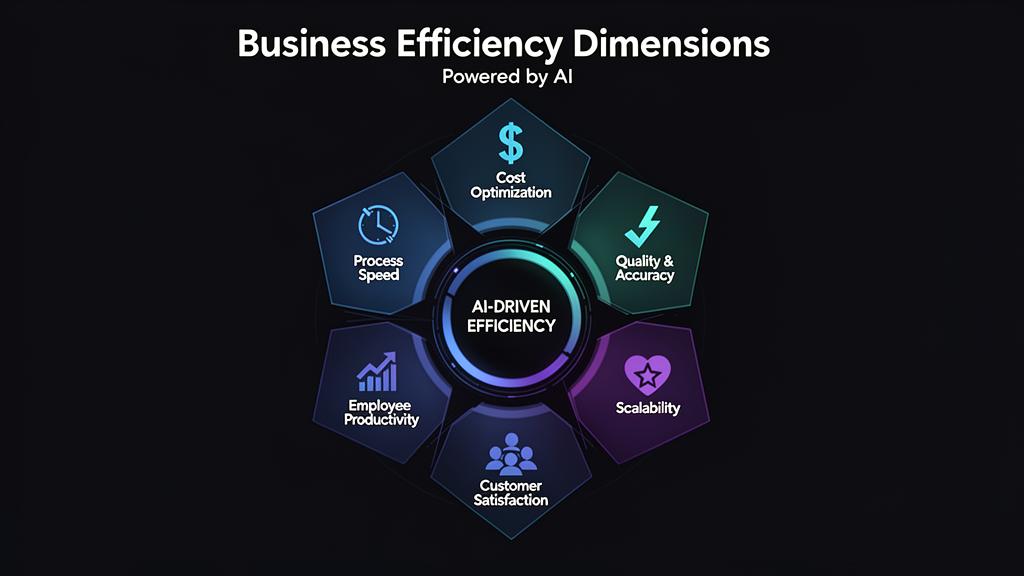 Business Efficiency Dimensions Powered by AI: Cost Optimization, Process Speed, Quality and Accuracy, Scalability, Employee Productivity, and Customer Satisfaction – all connected through AI-Driven Efficiency at the center
