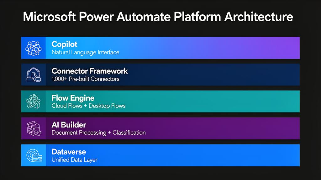 Architektura Platformy Microsoft Power Automate: warstwa danych Dataverse, Framework Łączników z ponad 1000 łącznikami, Silnik Przepływów dla przepływów chmurowych i desktopowych, AI Builder do przetwarzania i klasyfikacji dokumentów oraz Copilot do automatyzacji w języku naturalnym