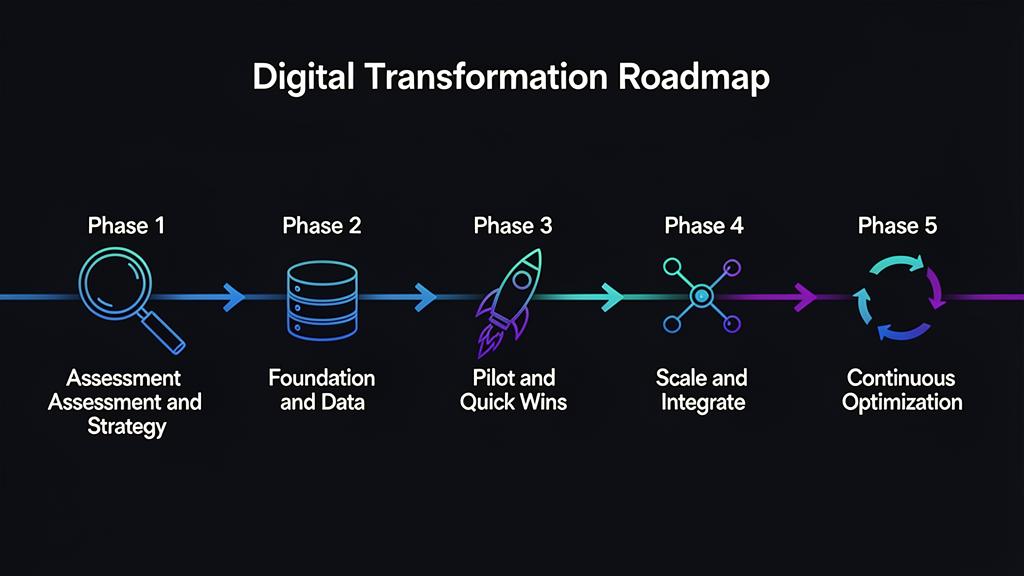 Digital Transformation Roadmap: Phase 1 Assessment and Strategy, Phase 2 Foundation and Data, Phase 3 Pilot and Quick Wins, Phase 4 Scale and Integrate, Phase 5 Continuous Optimization