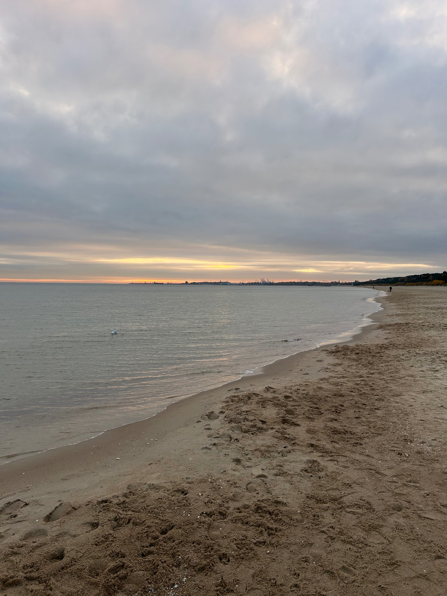 Spokojny wieczór na bałtyckiej plaży - ciche wody i miękkie chmury o zmierzchu ze światłami miasta w oddali