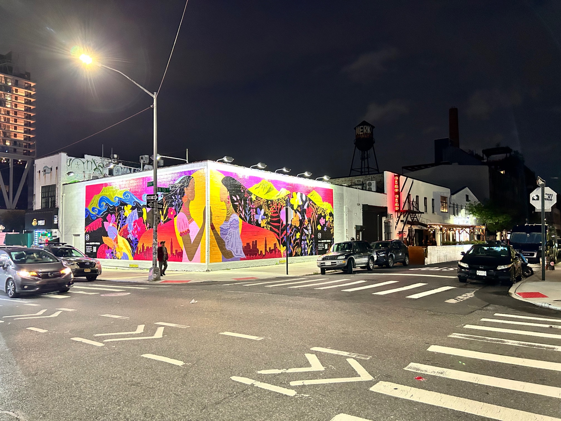 Barwny mural uliczny w Williamsburgu na Brooklynie - kolorowe postacie i kwiaty rozjaśniające noc na tle przemysłowego zbiornika wodnego
